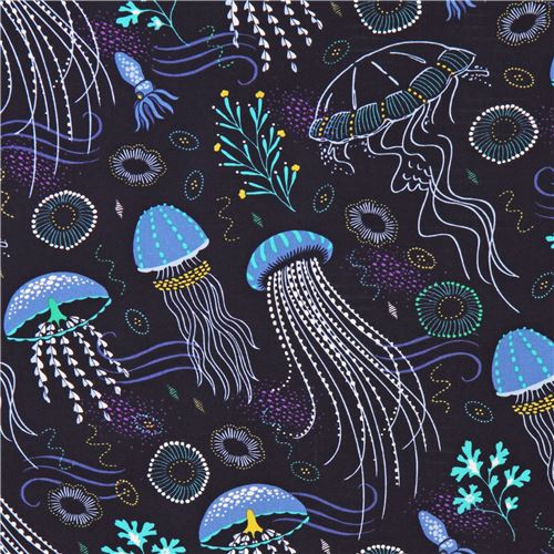 Resto de (41 x 112 cm) - Tela azul oscuro vida marina medusa colores de Michael Miller