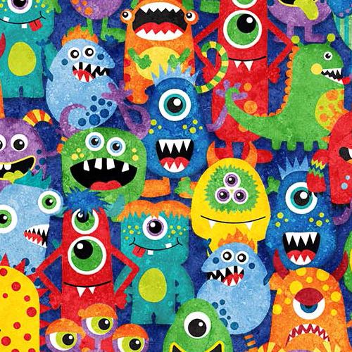 tessuto blu scuro mostri colorati Northcott Stonehenge Monsters Tessuto