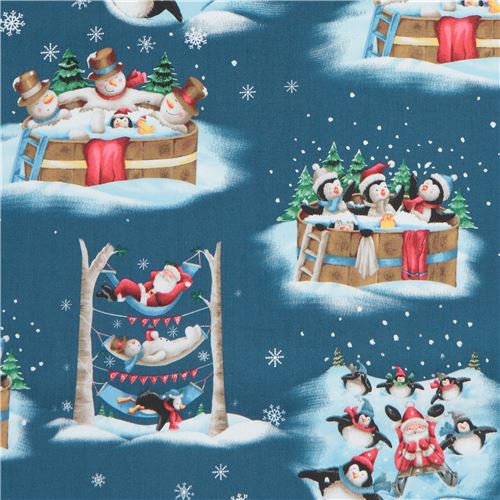 tessuto blu scuro Babbo Natale pinguini uccelli animali Quilting Treasures Tessuto