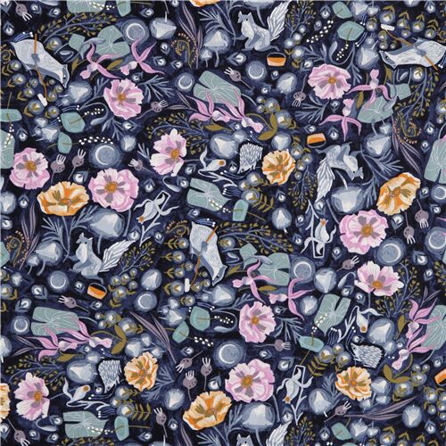 Tela azul oscuro zorro ardilla pjaro flores rosas Tela