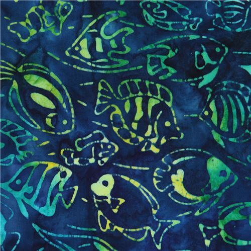 dark blue green Robert Kaufman fish tie dye Batik look fabric Totally Tropical 5 Fabric