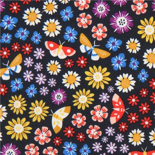 Dunkelblaugrauer Biobaumwollstoff mit bunten Blumen von Cloud 9 Stoff