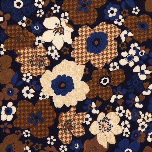 Tela azul de franela, flores, diseño patas de gallo, EEUU Tela