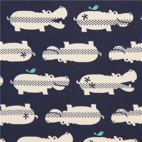 Tissu Oxford bleu foncé avec des hippopotames, par Kokka Tissu