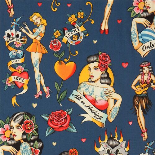 Tissu rétro bleu foncé avec des femmes Tissu