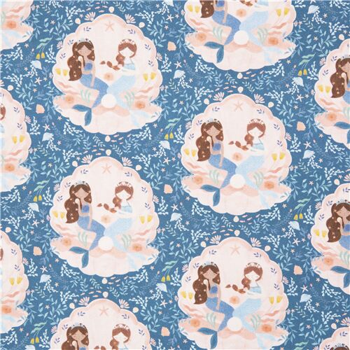 Mermaid Friends in Clam Shell Ocean Floral Fabric