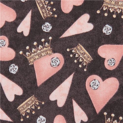 Tissu Quilting Treasures Gorjuss marron foncé avec des coeurs et des couronnes Tissu