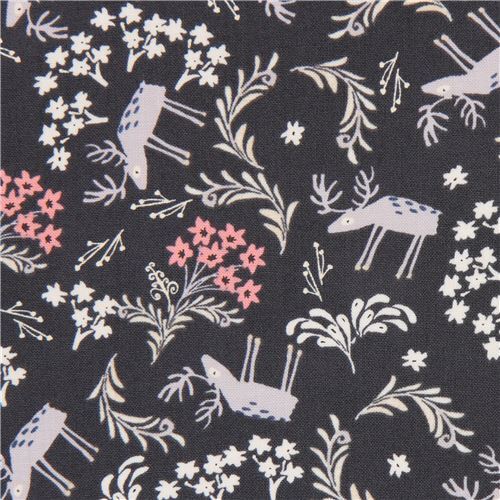 dark brown-grey fabric with reindeer flower by Dear Stella USA Fabric