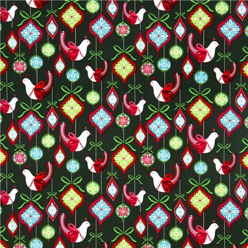 dark green Robert Kaufman Christmas fabric ornaments bird 2