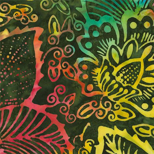 Remnant (25 x 112 cm) - dark green Timeless Treasures batik fabric with big flowers and leaves 2