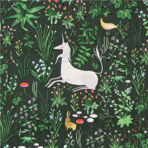 Tela gasa doble capa verde oscuro animal flor de Andover The Lovely Hunt Tela