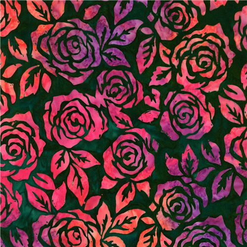 Remnant (31 x 112 cm) - dark green batik fabric by Robert Kaufman with roses 2