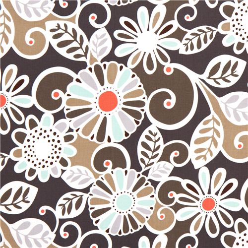 dark grey Michael Miller fabric with turquoise-beige flowers Fabric