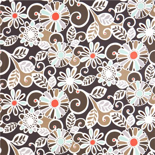dark grey Michael Miller fabric with turquoise-beige flowers 2