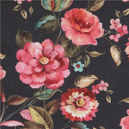 dark grey retro pink flower woven cotton fabric Fabric