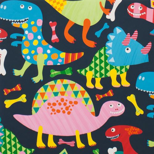 Dunkelgraublauer buntes Dinosaurier Jerseystoff Alexander Henry Bone Apetit Stoff