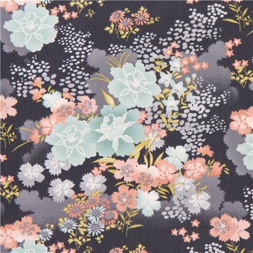 Dunkelgrauer pfirsichfarbene bunte Asia Blume Stoff von Andover Asami Stoff
