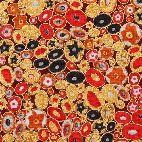 Tissu Robert Kaufman marron, formes ovales rouges, or mtallique, Gustav Klimt Tissu