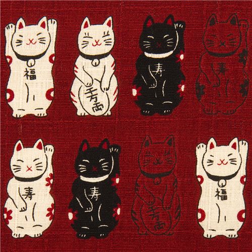 Tela rojo oscuro con textura gatos de la suerte, de Japn Tela