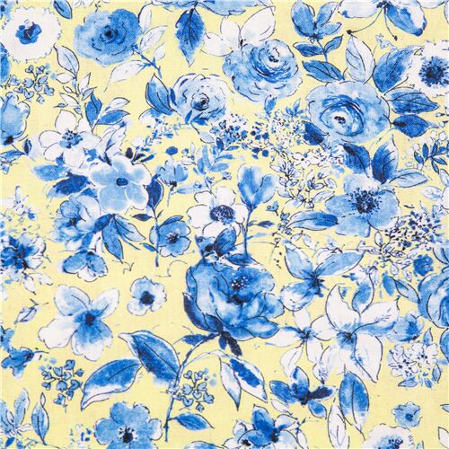 Tela algodón amarillo claro denso diseño romántico flores azules Tela