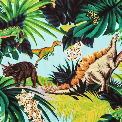 Tissu bleu avec des dinosaures, des fleurs d'orchides Tissu
