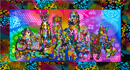 Hundegruppe Buntes Psychedelisches Panel Stoff