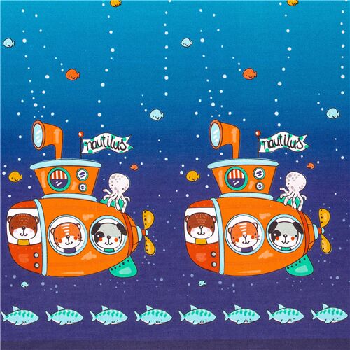double border gradient cotton fabric cute animals in submarine by Michael Miller Fabric