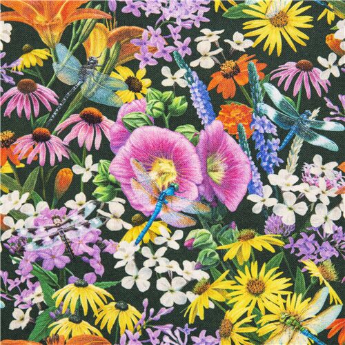 Tissu en coton avec des marguerites, des libellules, des fleurs, des échinacées Tissu