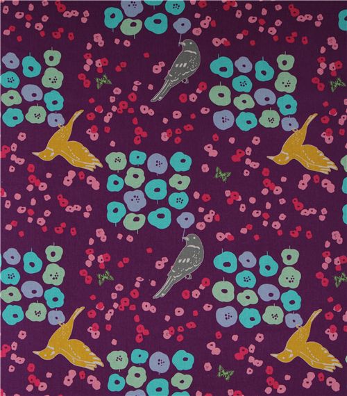 echino canvas Kokka fabric flower birds purple Japan 2