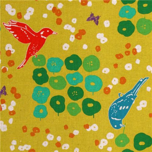 echino Canvas Kokka Stoff Blumen Vögel gelb Japan 1