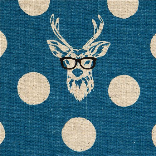 echino canvas fabric Buck stag with glasses blue 1
