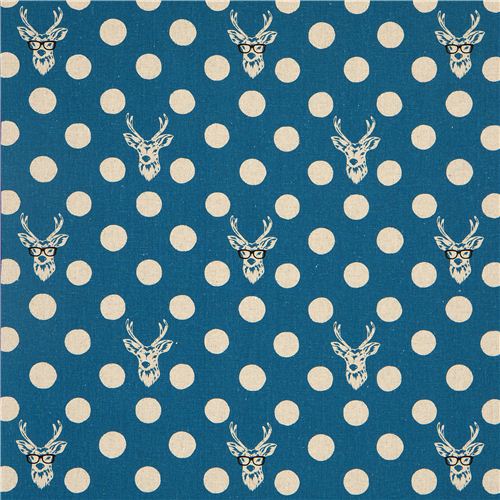 echino canvas fabric Buck stag with glasses blue 2