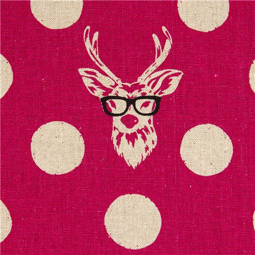echino canvas fabric Buck stag with glasses pink 1