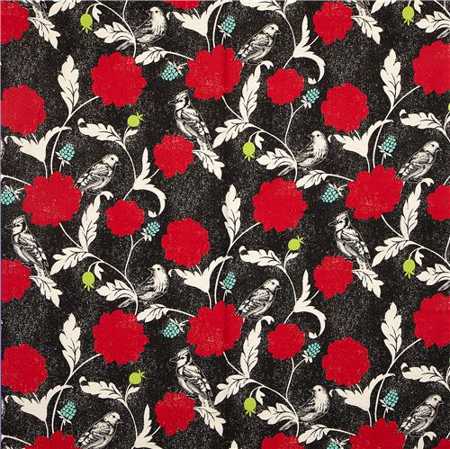 black echino canvas fabric Dahlia bird & flower Japan 2