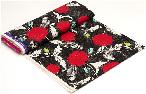black echino canvas fabric Dahlia bird & flower Japan 3