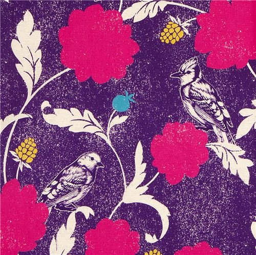 purple echino canvas fabric Dahlia bird & flower Japan 1