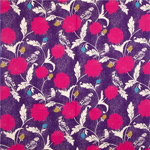 purple echino canvas fabric Dahlia bird & flower Japan 2