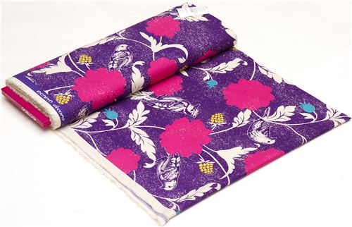 purple echino canvas fabric Dahlia bird & flower Japan 3