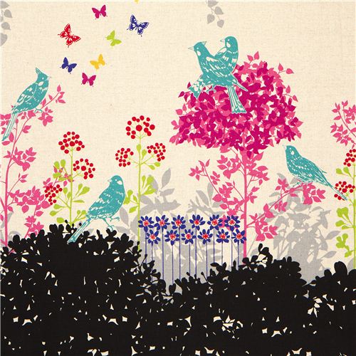 echino Canvas Stoff Wish schwarz Vögel Blumen 1