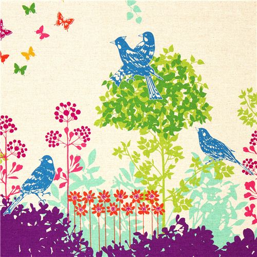 echino canvas fabric Wish purple birds flowers 1