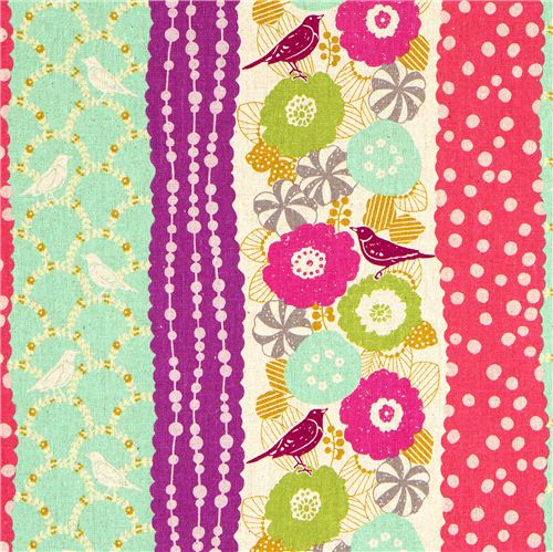 echino canvas fabric birds stripes turquoise dal Giappone1