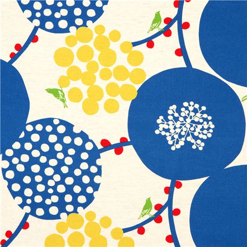 echino canvas fabric blue berries birds from Japan 1