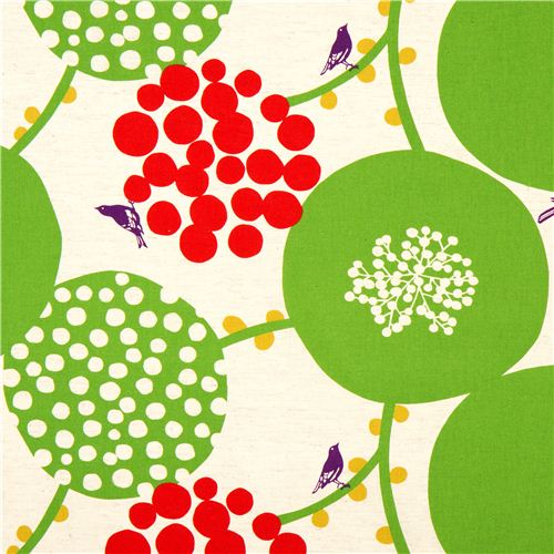 echino canvas fabric green berries birds du Japon1