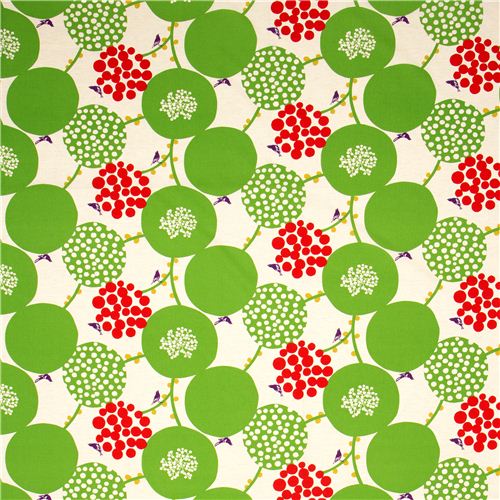 echino canvas fabric green berries birds du Japon2