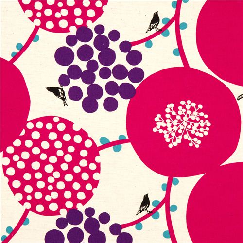 echino canvas fabric pink berries birds from Japan 1