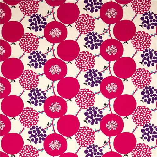 echino canvas fabric pink berries birds from Japan 2