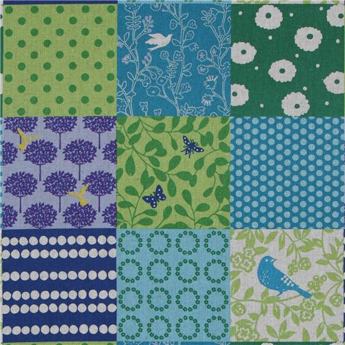 echino canvas fabric story birds squares green Japan Tessuto