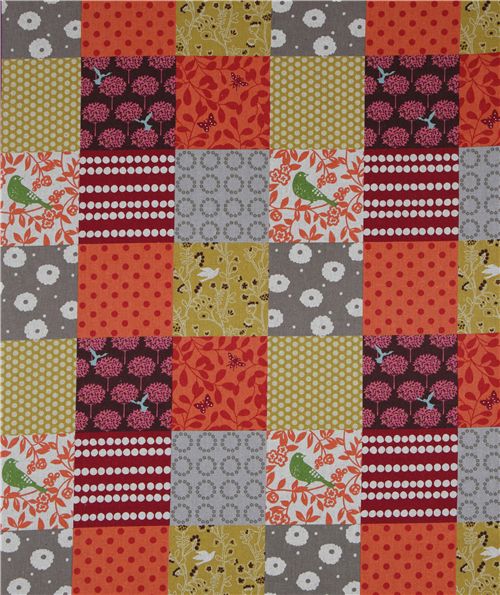 echino canvas fabric story birds squares orange Japan 2