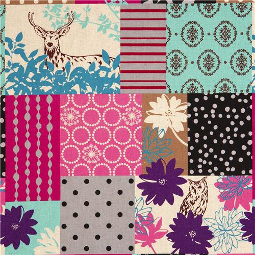echino laminate fabric turquoise forest stag owl Fabric