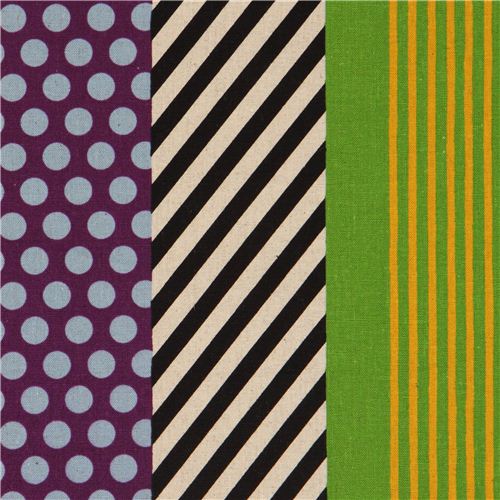 Tissu enduit laminé Echino Kikka à bandes mauve-noir-vert Tissu